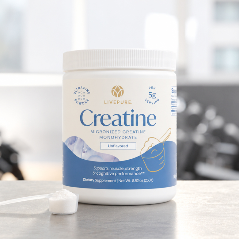 A tub of LivePURE Creatine on a kitchen counter